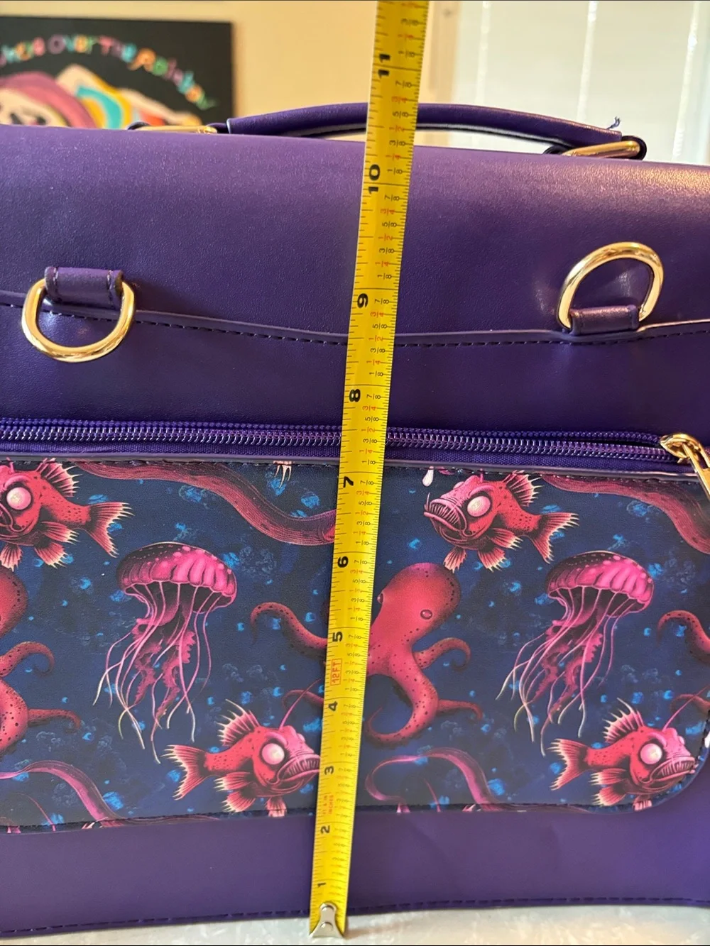FUNKY SEA CREATURES book bag. Faux purple leather. Bright red and pink sea life.